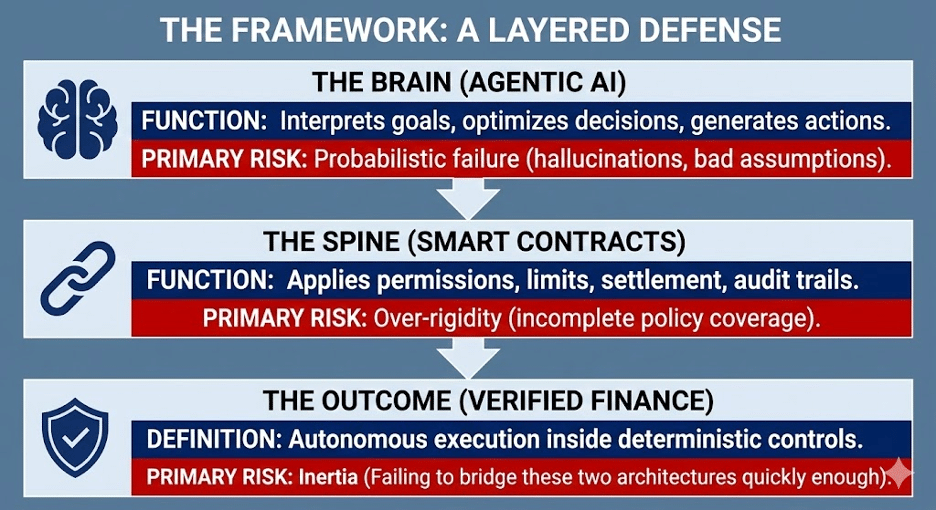 The Architecture of Verified Finance: Why AI Brains Require Blockchain Spines 1 Framework of a Layered Defense Agentic AI